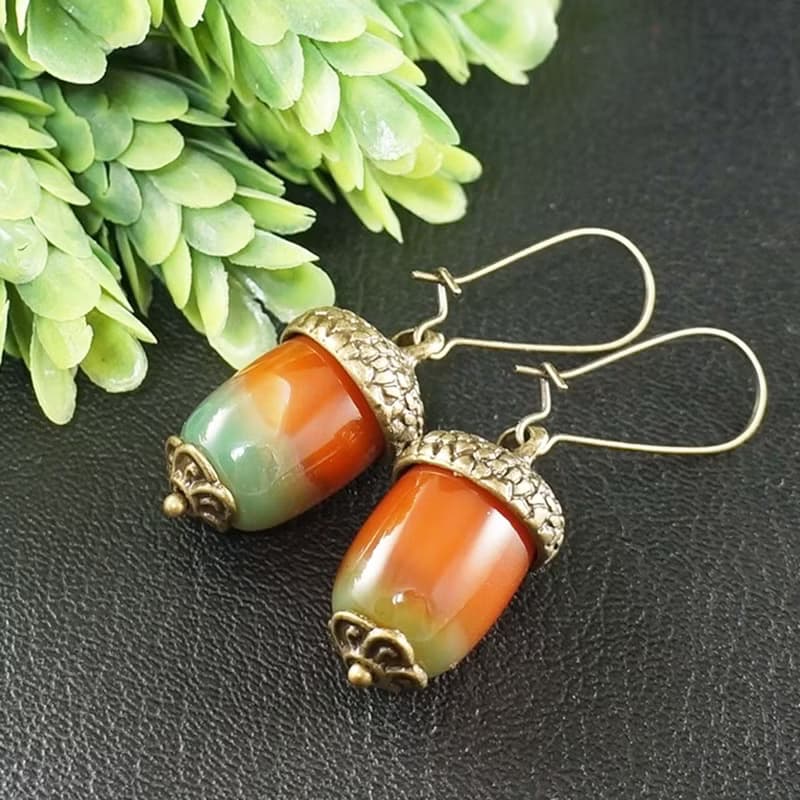 Red Orange Green Agate Acorn Forest Nature Woodland Statement Jewelry Earrings