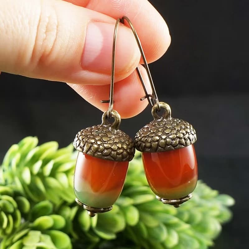 Red Orange Green Agate Acorn Forest Nature Woodland Statement Jewelry Earrings