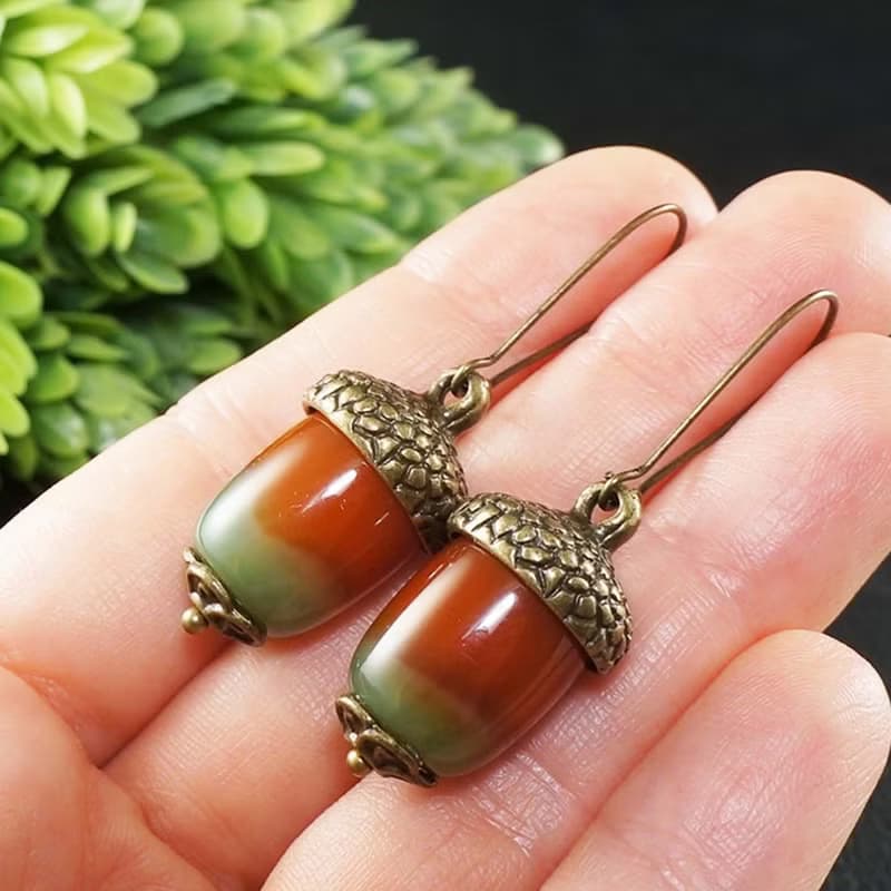 Red Orange Green Agate Acorn Forest Nature Woodland Statement Jewelry Earrings