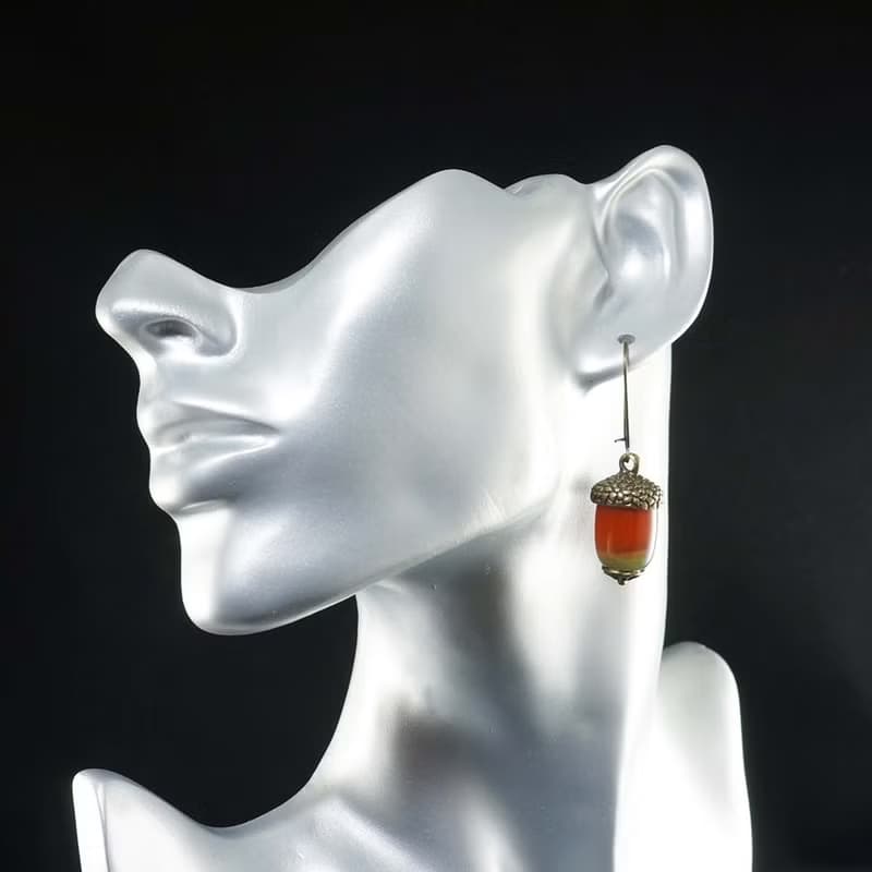 Red Orange Green Agate Acorn Forest Nature Woodland Statement Jewelry Earrings