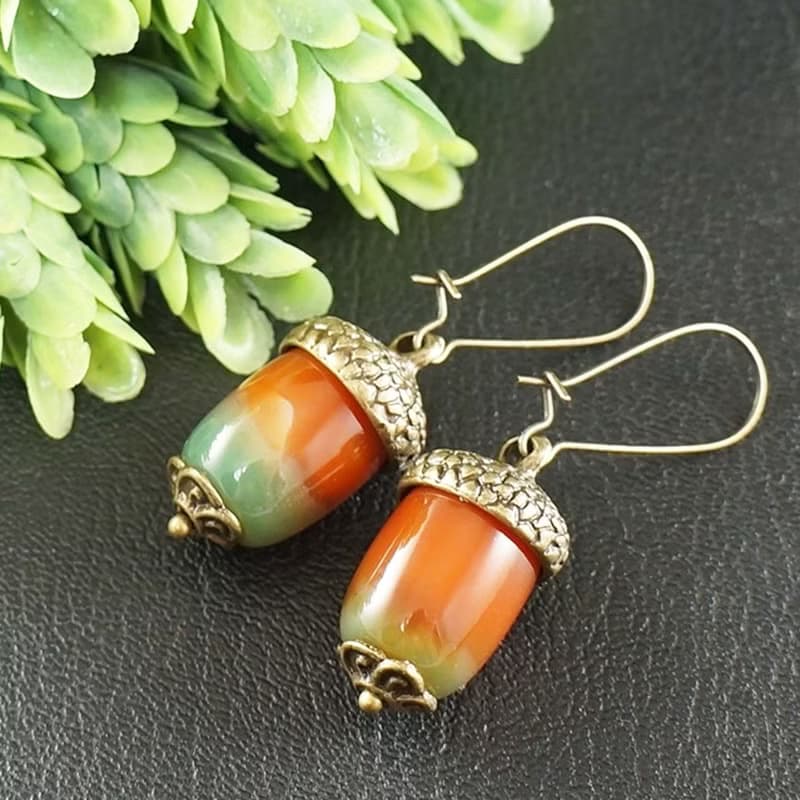 Red Orange Green Agate Acorn Forest Nature Woodland Statement Jewelry Earrings