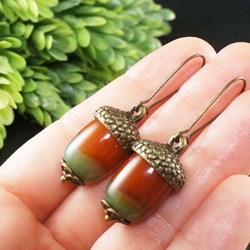 Red Orange Green Agate Acorn Forest Nature Woodland Statement Jewelry Earrings