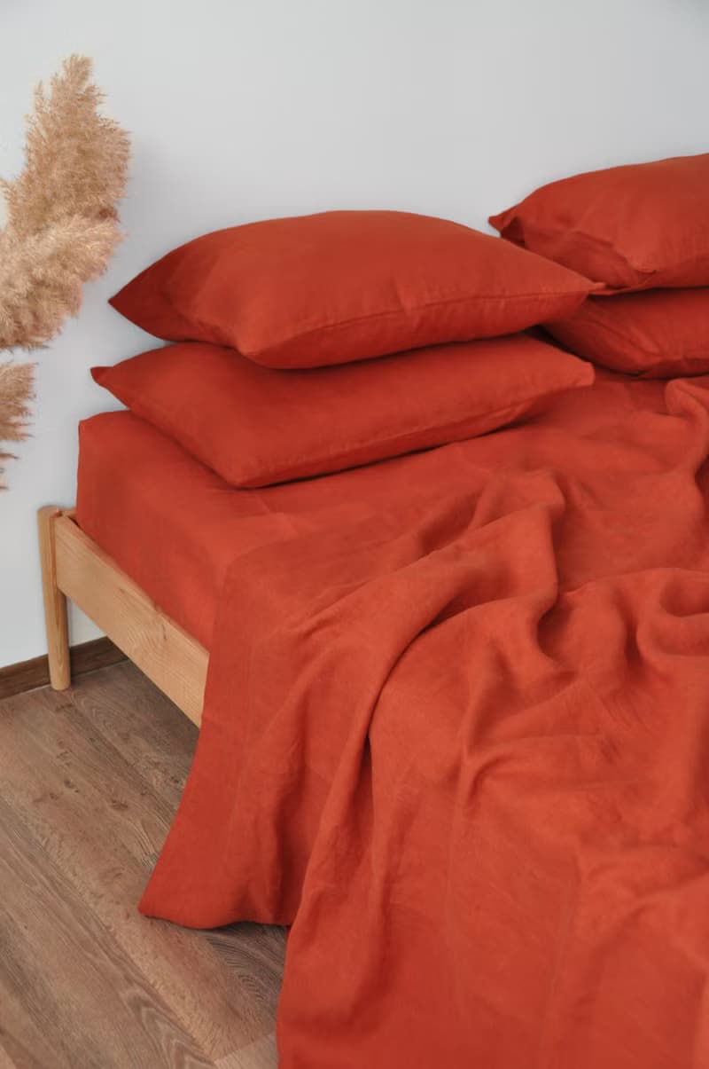 Terracotta linen sheet set / Flat+fitted sheet+2 pillowcases / Orange bedding