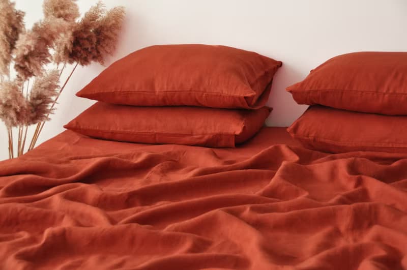 Terracotta linen sheet set / Flat+fitted sheet+2 pillowcases / Orange bedding