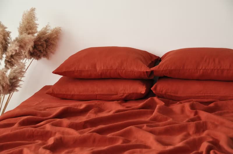 Terracotta linen sheet set / Flat+fitted sheet+2 pillowcases / Orange bedding