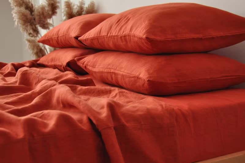 Terracotta linen sheet set / Flat+fitted sheet+2 pillowcases / Orange bedding