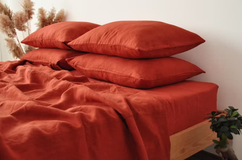 Terracotta linen sheet set / Flat+fitted sheet+2 pillowcases / Orange bedding