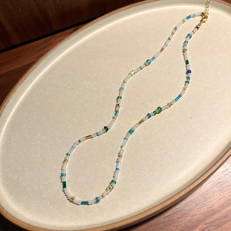 藍綠色系日本米珠項鍊 串珠項鍊