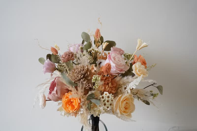 【竒植花物】粉橘微甜永生乾燥捧花 求婚花束 情人節 新娘捧花