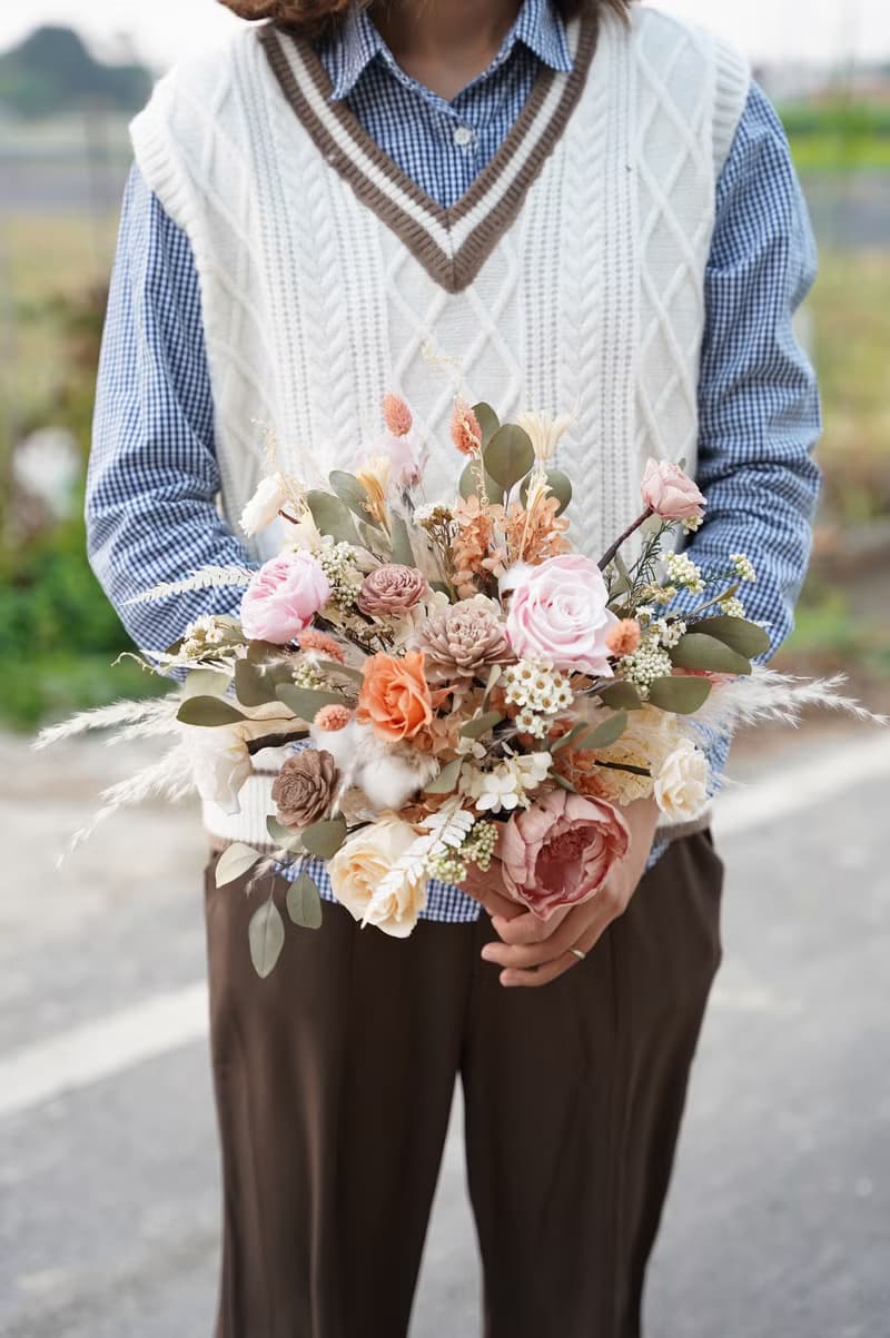 【竒植花物】粉橘微甜永生乾燥捧花 求婚花束 情人節 新娘捧花