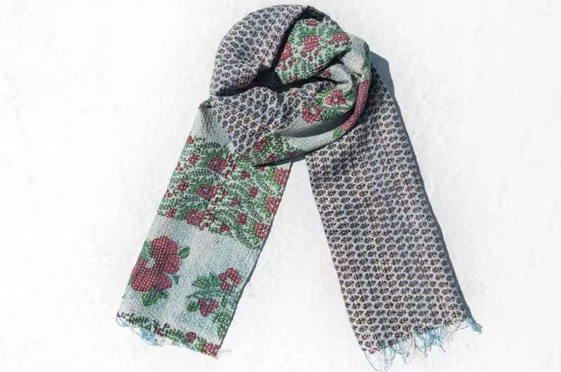 刺繡絲巾/絲綢刺繡圍巾/手縫紗麗線絲巾/印度絲綢刺繡圍巾-綠紅花