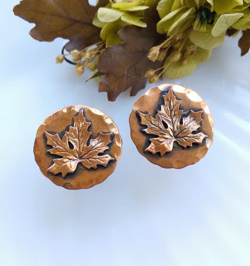 Vintage Jewelry 西洋古董飾品 Copper 手工 楓葉 栓式耳環