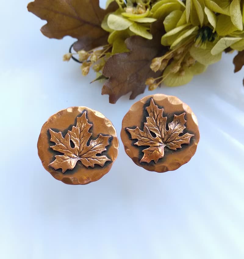 Vintage Jewelry 西洋古董飾品 Copper 手工 楓葉 栓式耳環