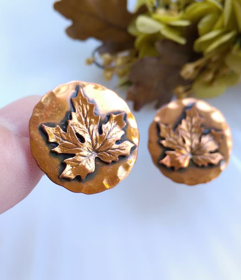 Vintage Jewelry 西洋古董飾品 Copper 手工 楓葉 栓式耳環