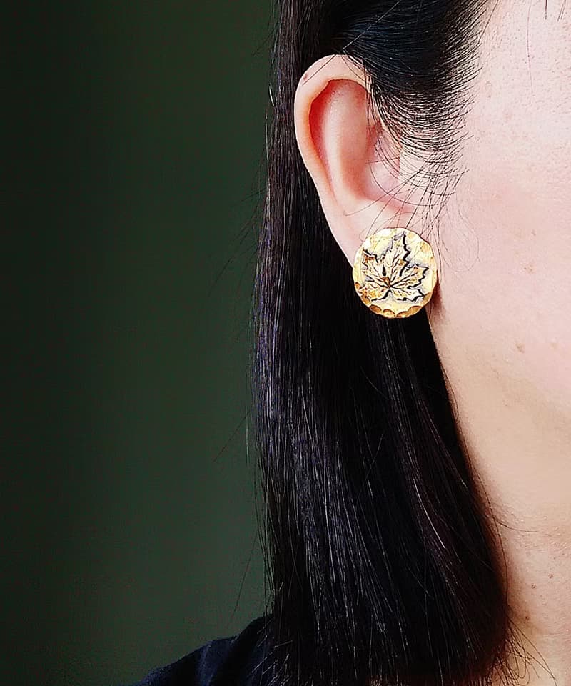 Vintage Jewelry 西洋古董飾品 Copper 手工 楓葉 栓式耳環