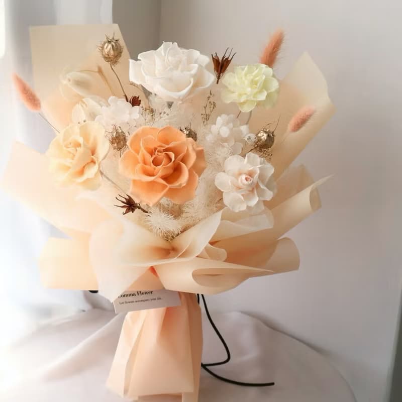 蜜桃橘玫瑰花束 永生花束 情人節花束