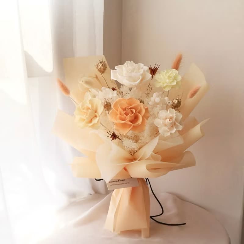 蜜桃橘玫瑰花束 永生花束 情人節花束