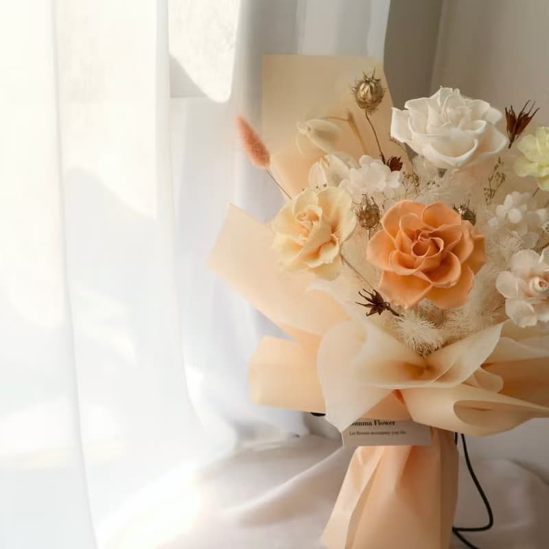 蜜桃橘玫瑰花束 永生花束 情人節花束