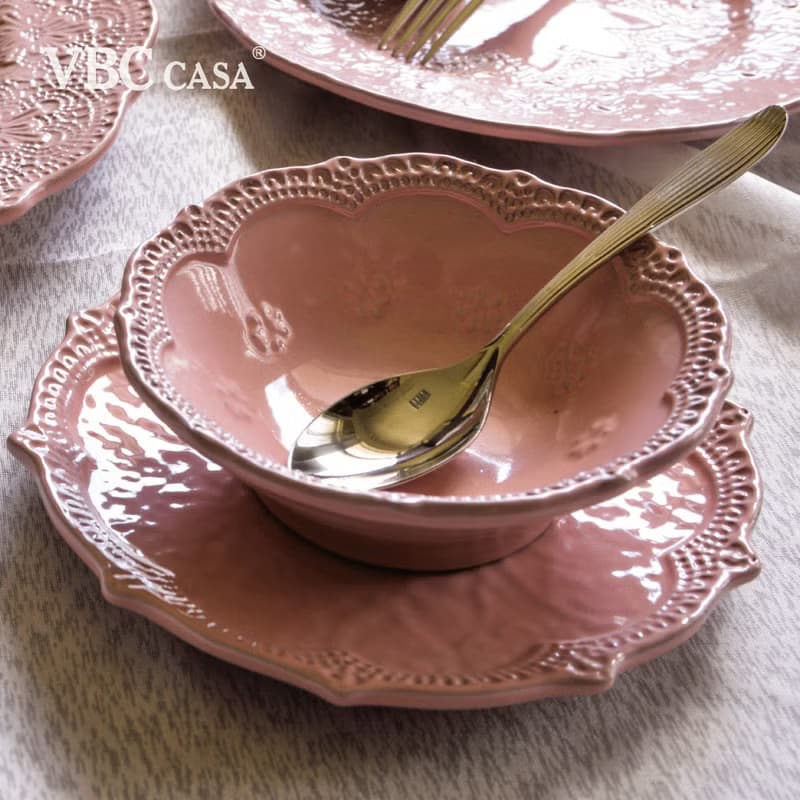 【優惠套組】手工浮雕蕾絲系列單人獨享碗盤餐具9件組(三色挑選)