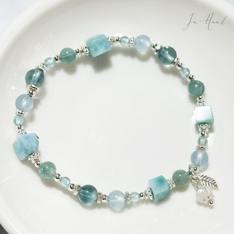 海中仰望-拉利瑪.藍螢石.海藍寶-純銀設計款手鍊