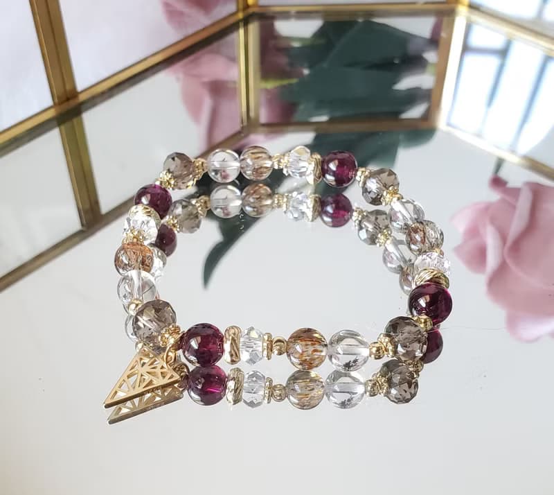 活在當下-紅石榴紫牙烏/茶晶/黑金超七/水晶手鍊/開運水晶