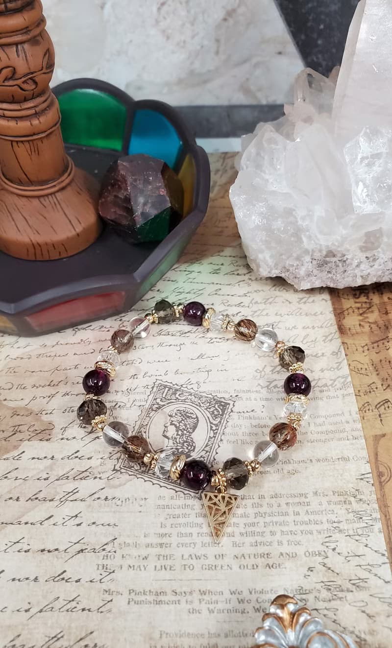 活在當下-紅石榴紫牙烏/茶晶/黑金超七/水晶手鍊/開運水晶