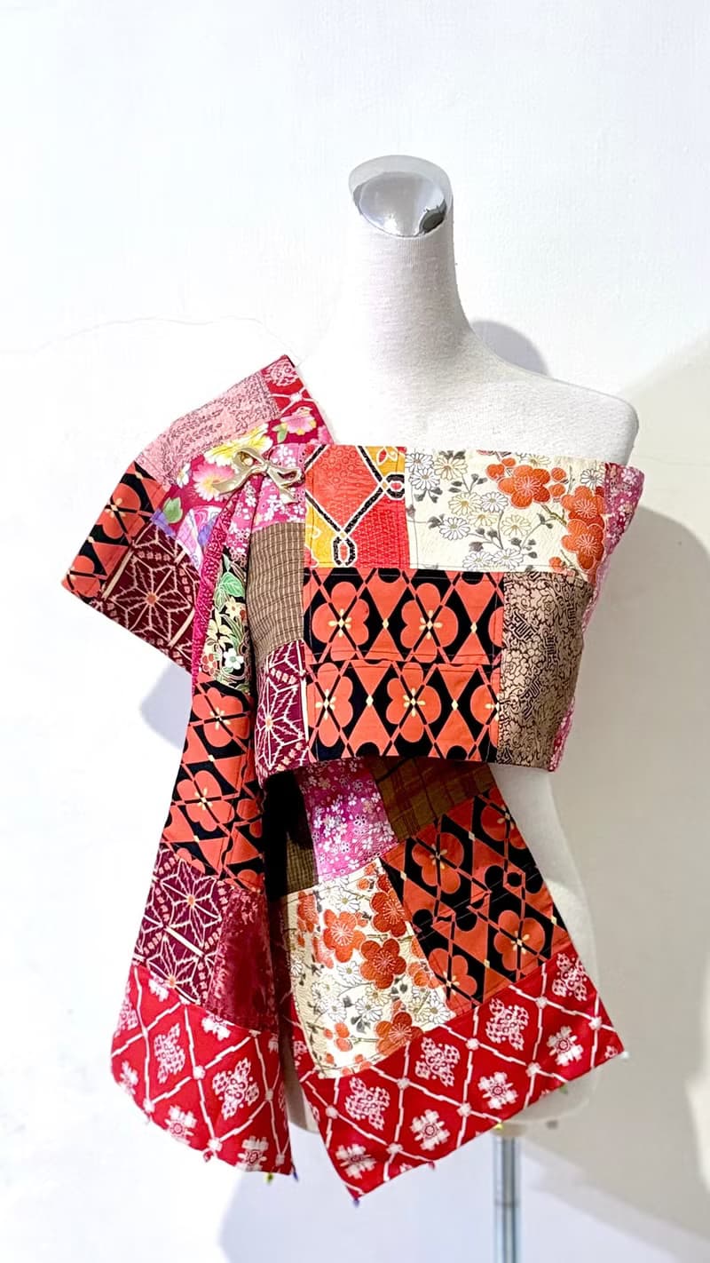 純手作窄版紅橘色日本傳統梅花拼接花草格紋圖騰拼接金蔥圍巾