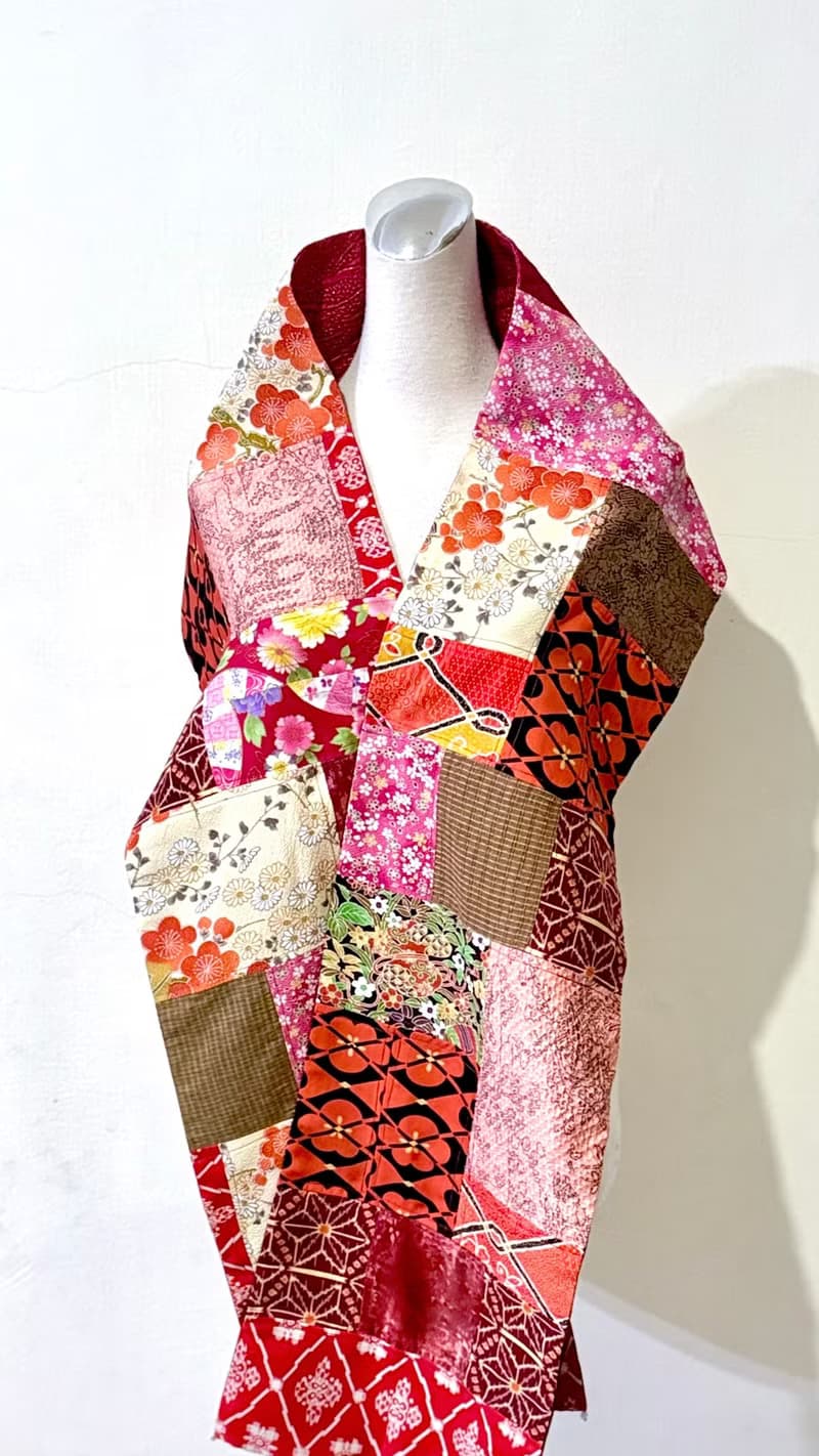 純手作窄版紅橘色日本傳統梅花拼接花草格紋圖騰拼接金蔥圍巾