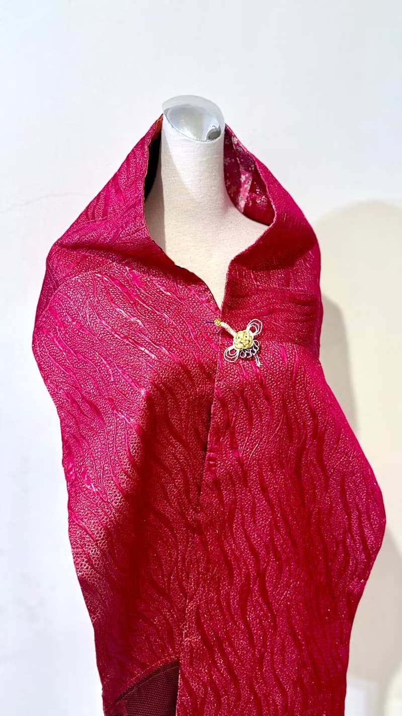 純手作窄版紅橘色日本傳統梅花拼接花草格紋圖騰拼接金蔥圍巾