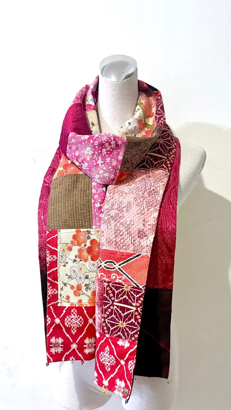 純手作窄版紅橘色日本傳統梅花拼接花草格紋圖騰拼接金蔥圍巾