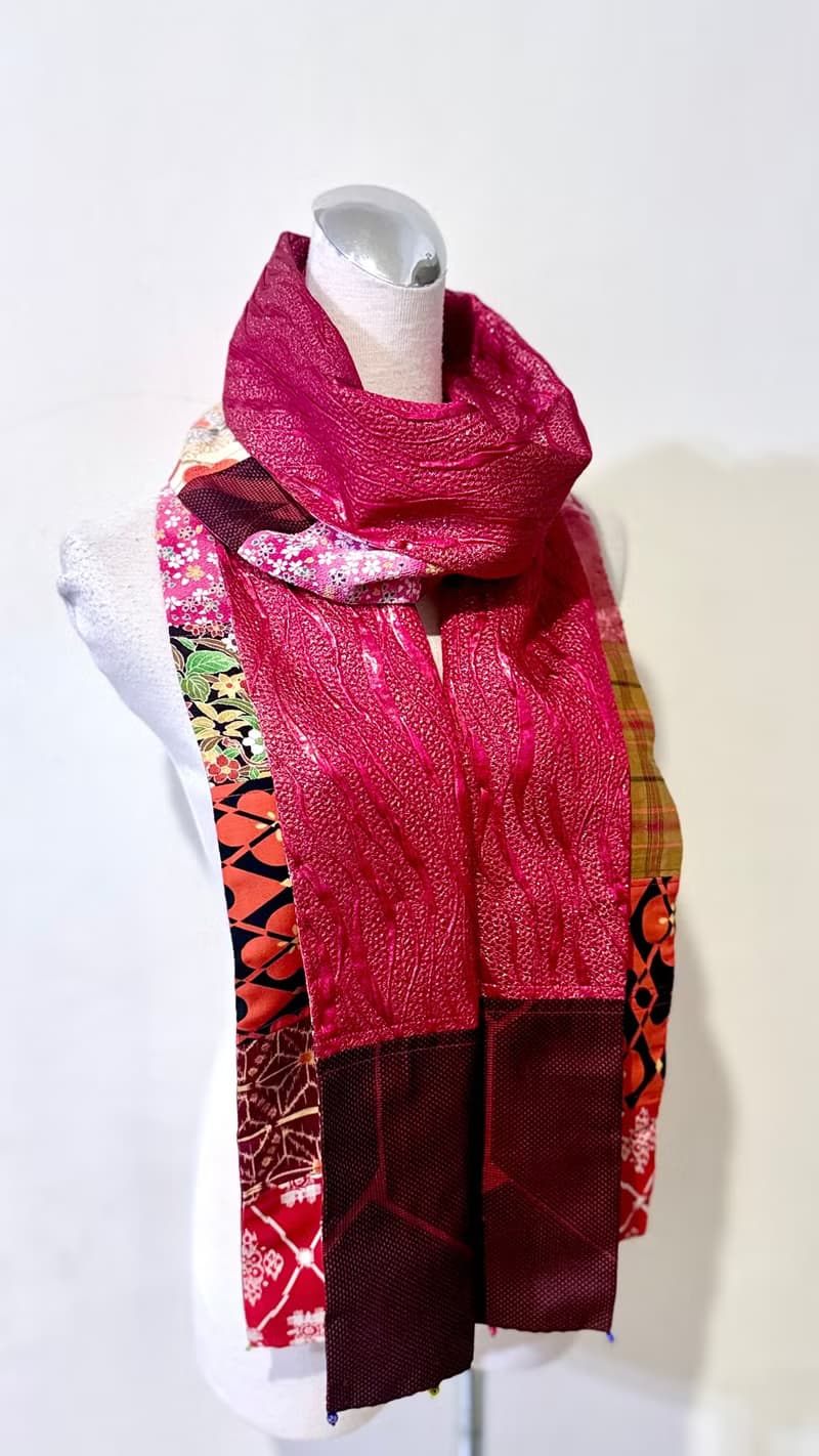 純手作窄版紅橘色日本傳統梅花拼接花草格紋圖騰拼接金蔥圍巾