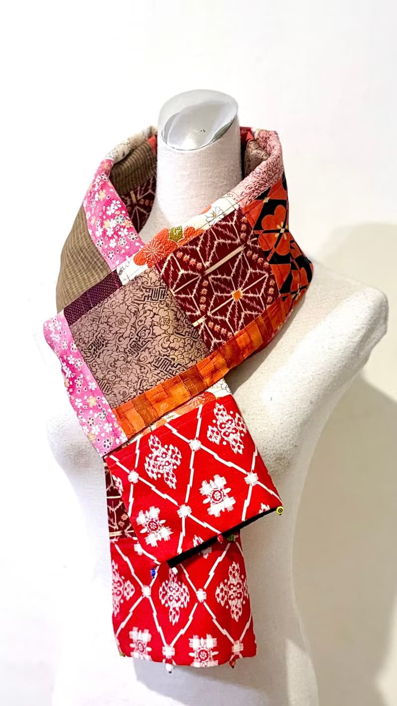 純手作窄版紅橘色日本傳統梅花拼接花草格紋圖騰拼接金蔥圍巾