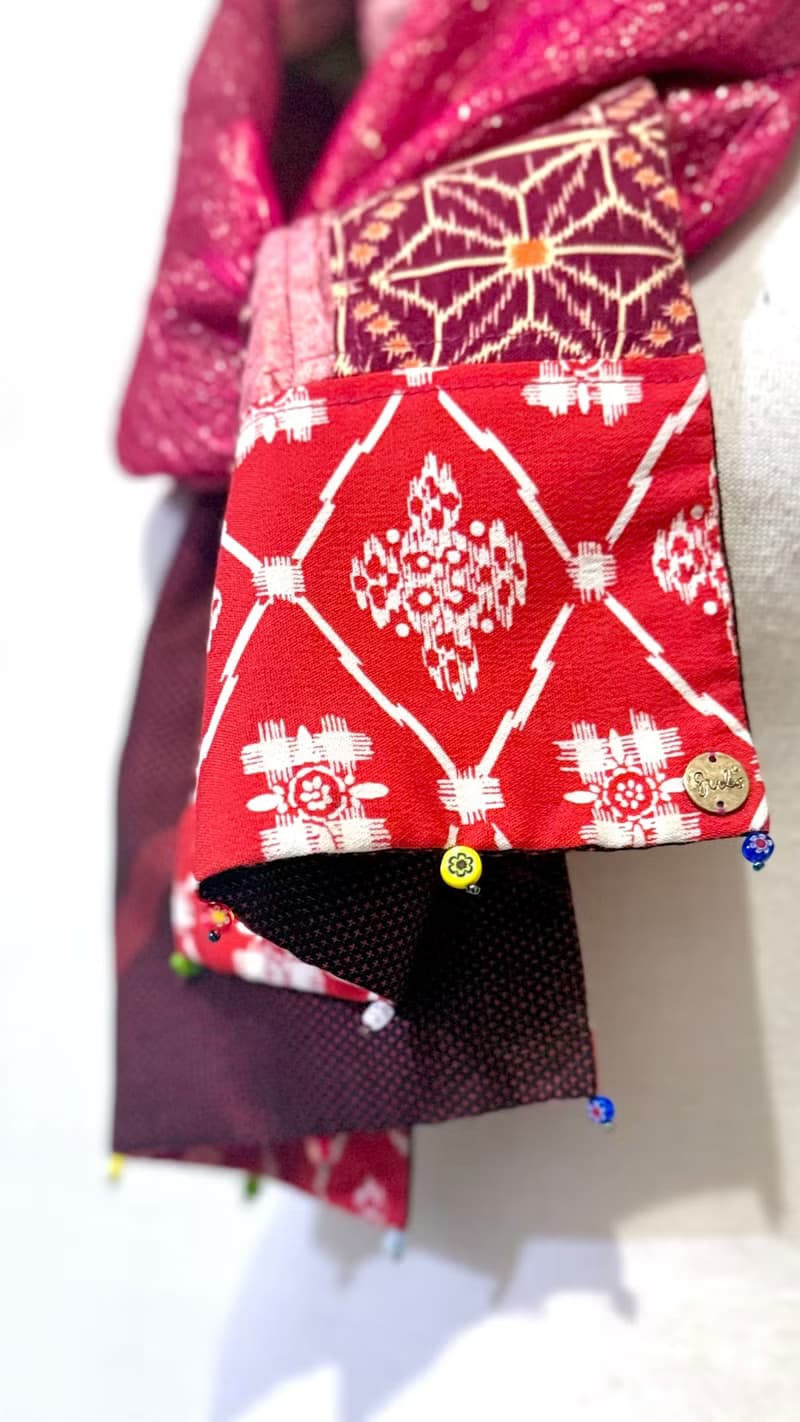 純手作窄版紅橘色日本傳統梅花拼接花草格紋圖騰拼接金蔥圍巾