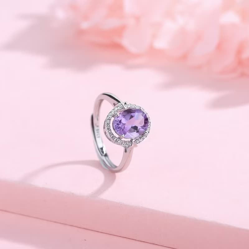 紫水晶925純銀精鍍亮澤白金戒指