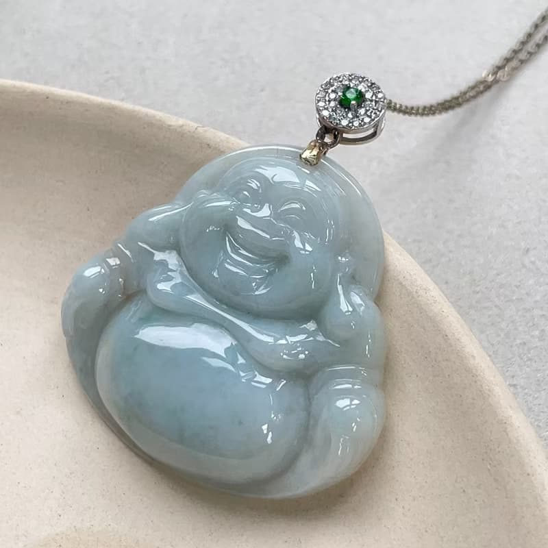 糯綠翡翠彌勒佛925純銀鑲嵌項鍊 | 天然緬甸玉翡翠A貨