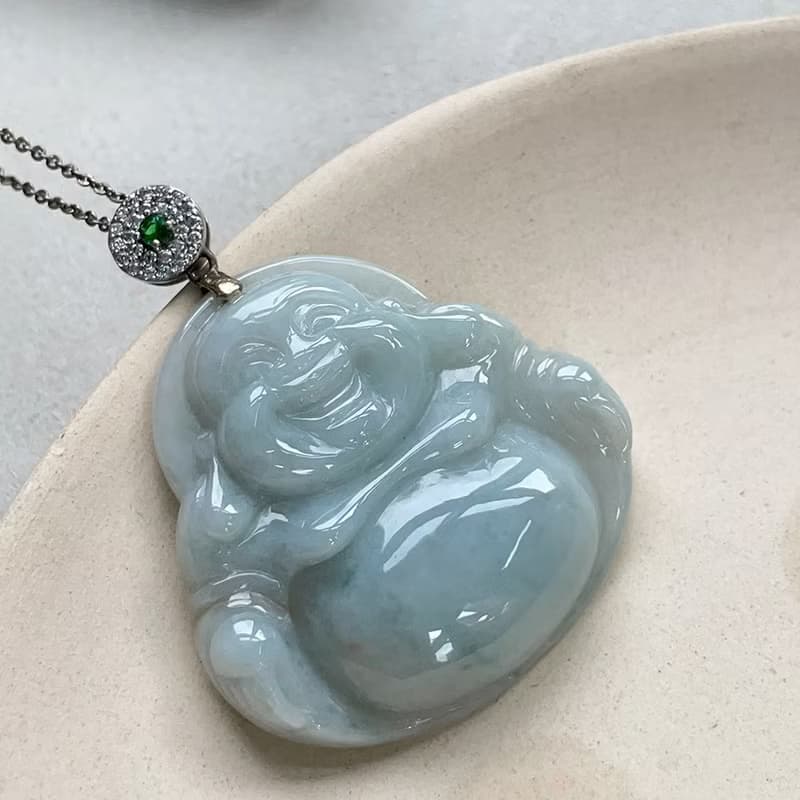 糯綠翡翠彌勒佛925純銀鑲嵌項鍊 | 天然緬甸玉翡翠A貨
