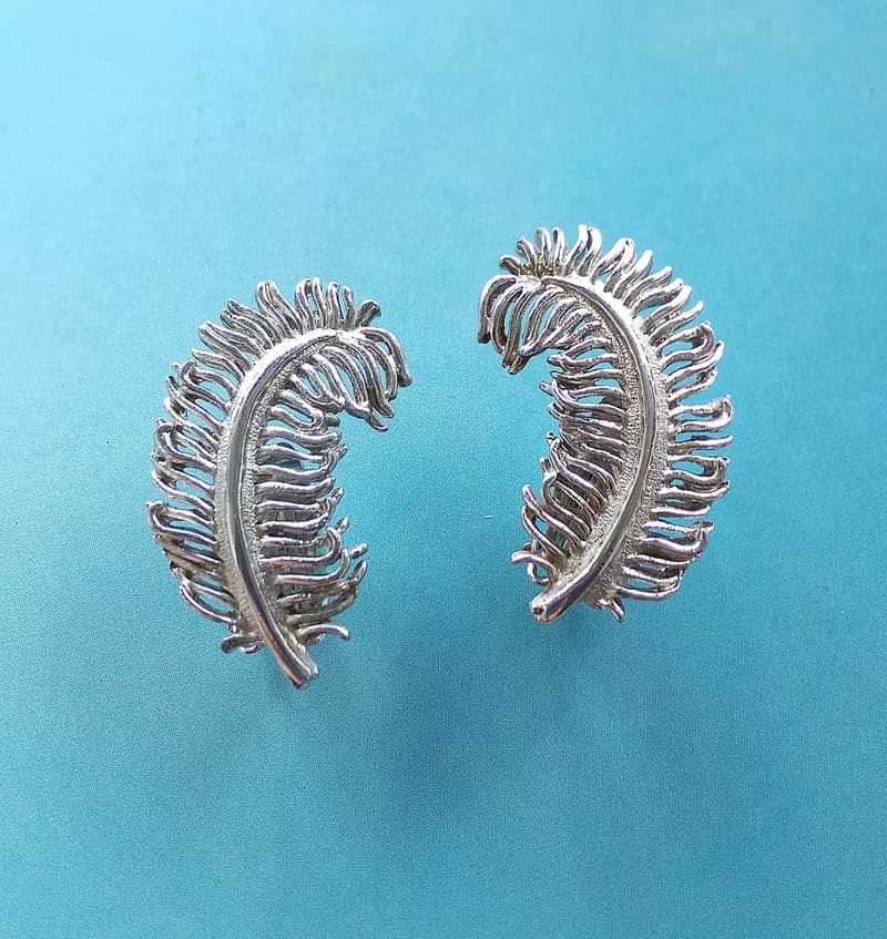 Vintage Jewelry 西洋古董飾品 JUDY LEE 銀色調 羽毛葉 夾式耳環