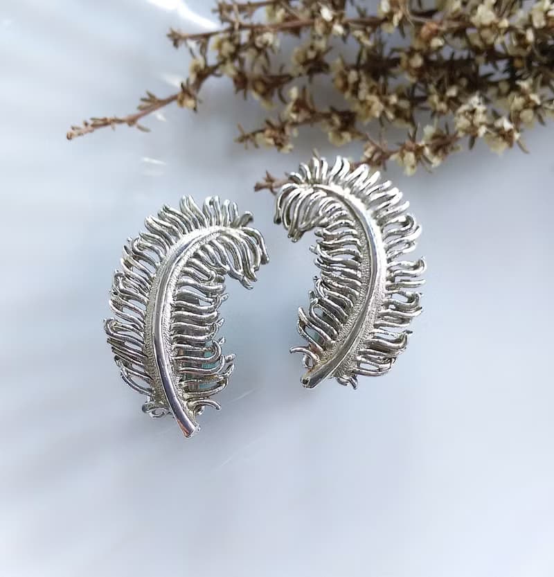 Vintage Jewelry 西洋古董飾品 JUDY LEE 銀色調 羽毛葉 夾式耳環