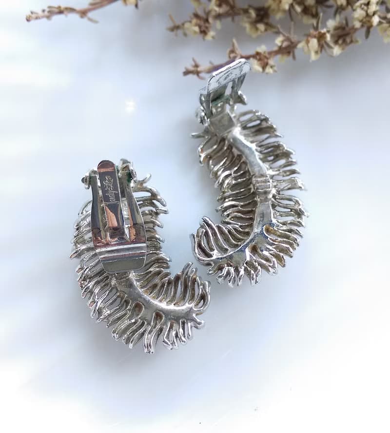 Vintage Jewelry 西洋古董飾品 JUDY LEE 銀色調 羽毛葉 夾式耳環