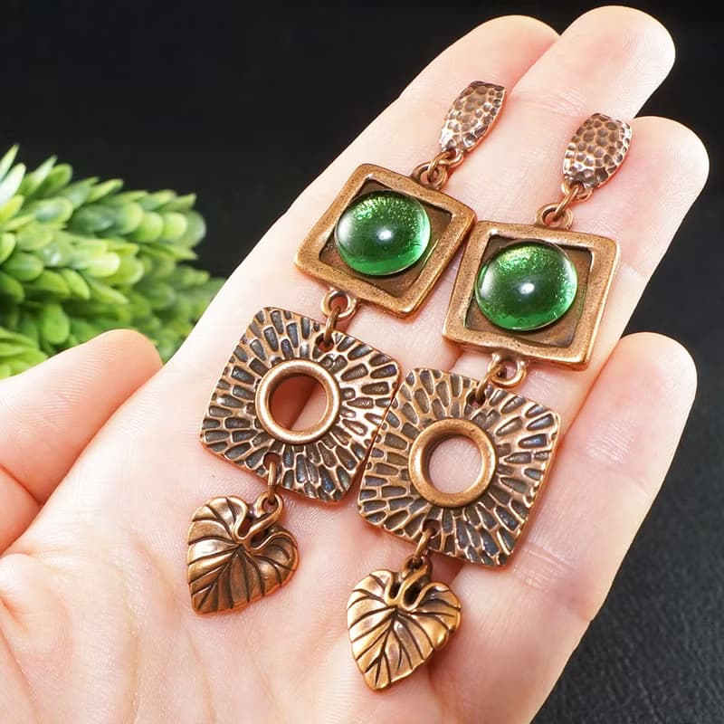 Green Glass Copper Leaf Geometric Square Long Large Statement Earrings Jewelry