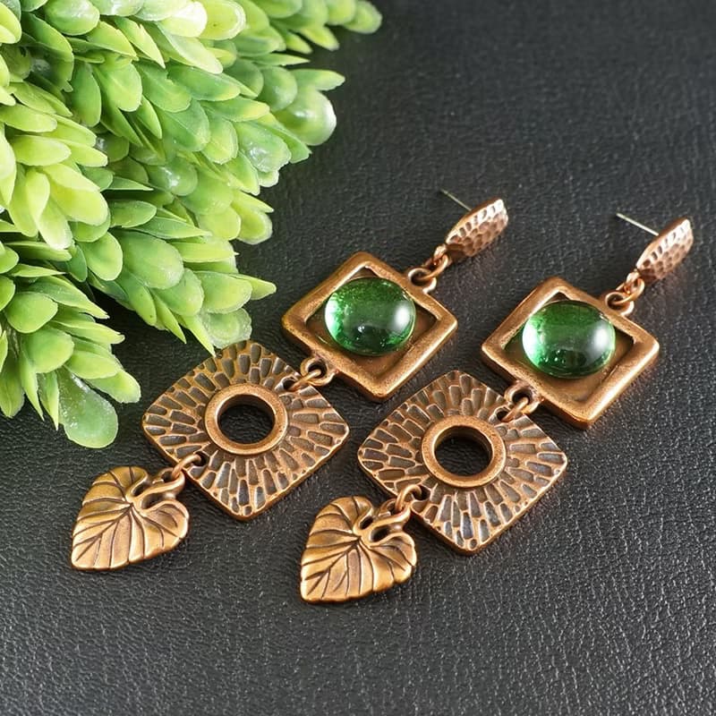 Green Glass Copper Leaf Geometric Square Long Large Statement Earrings Jewelry