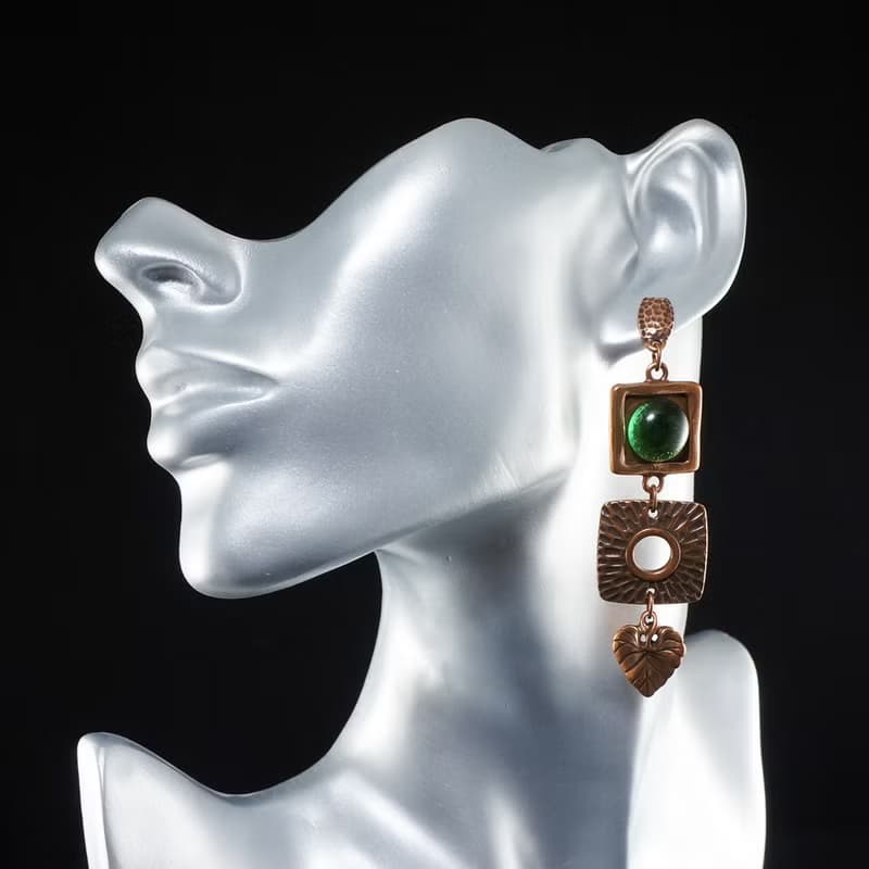 Green Glass Copper Leaf Geometric Square Long Large Statement Earrings Jewelry
