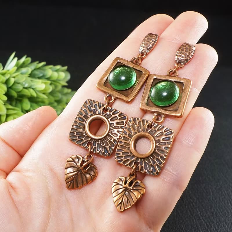 Green Glass Copper Leaf Geometric Square Long Large Statement Earrings Jewelry