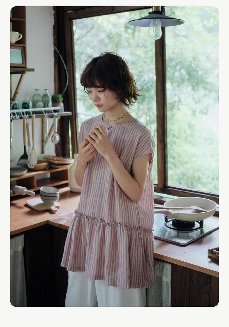 粉色條紋色織亞麻小長衫圓領