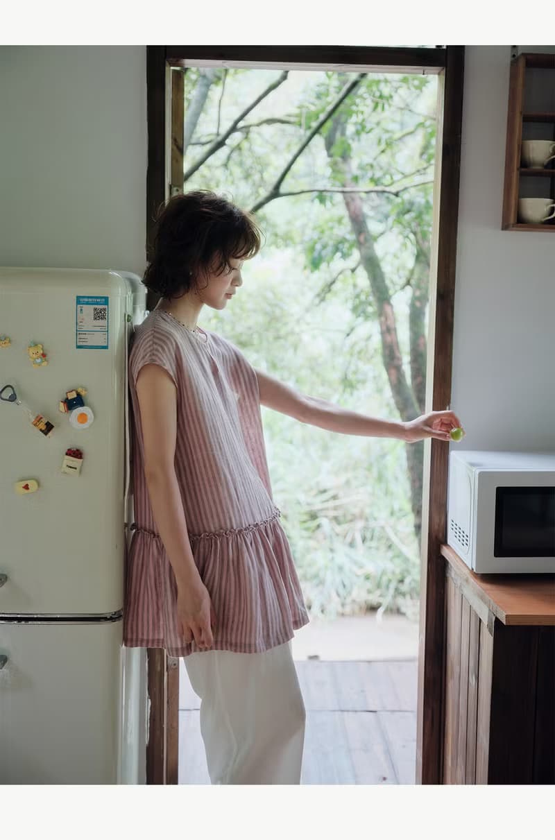 粉色條紋色織亞麻小長衫圓領