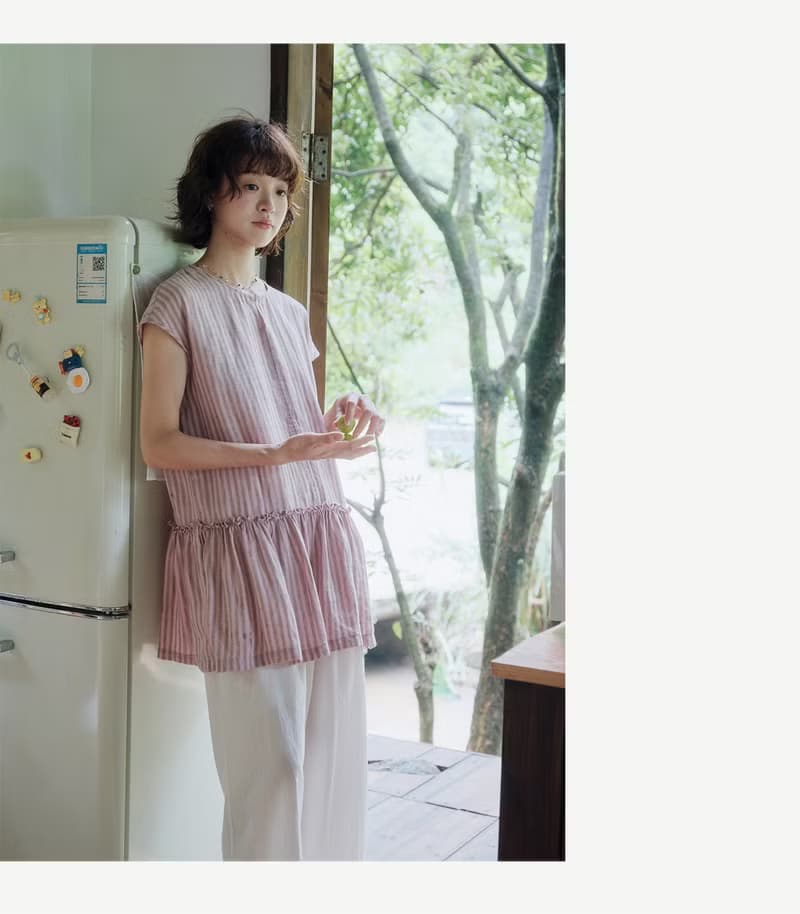 粉色條紋色織亞麻小長衫圓領