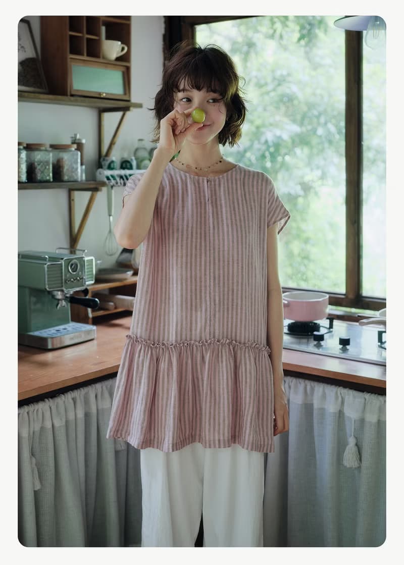 粉色條紋色織亞麻小長衫圓領