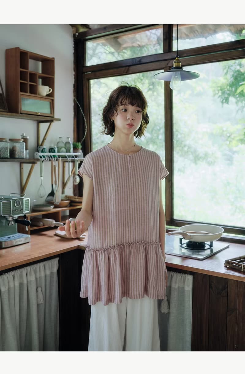 粉色條紋色織亞麻小長衫圓領