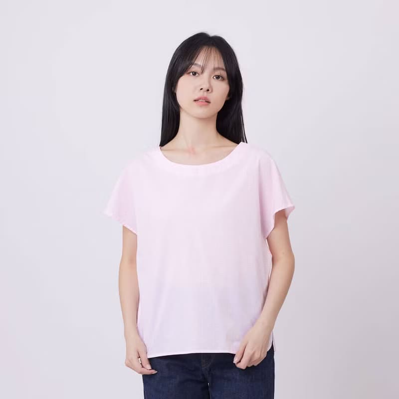 雙面穿小蓋袖背交叉上衣/粉格 Double
