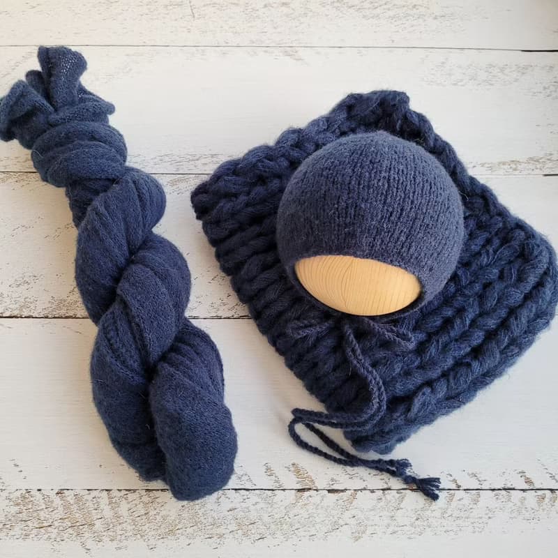 Navy Blue soft newborn Bonnet, Wrap,Blanket. Newborn photo props